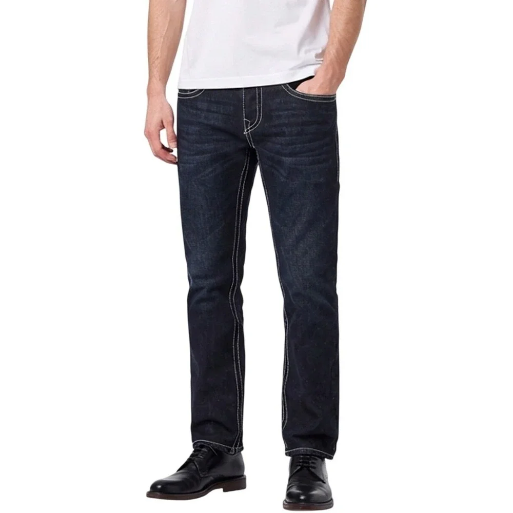 New True Religion Geno Men's Size 33x32 Dark Wash Big T Flap Jeans